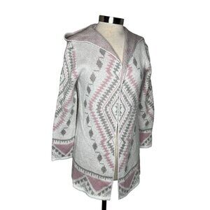 Woven Heart cardigan hooded open front women’s Medium long sleeve cream pink